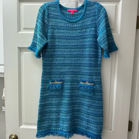 Lilly Beckington Sweater Dress Blue Grotto Metallic Tweed EUC Medium - Picture 5 of 6